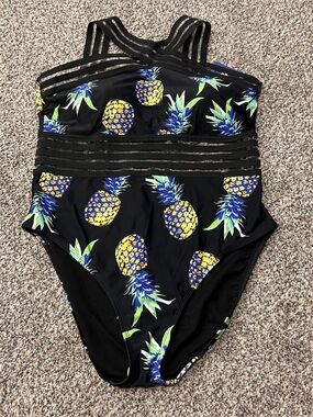 Hilor Women’s One Piece Pineapple Bathing Suit Sz XXL Sheer Mesh Stripes NWT